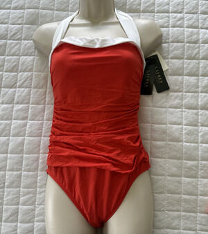LRL Ralph Lauren Swimsuit Womens 10 Red Bel Aire Bandeau One Piece Beach Summer